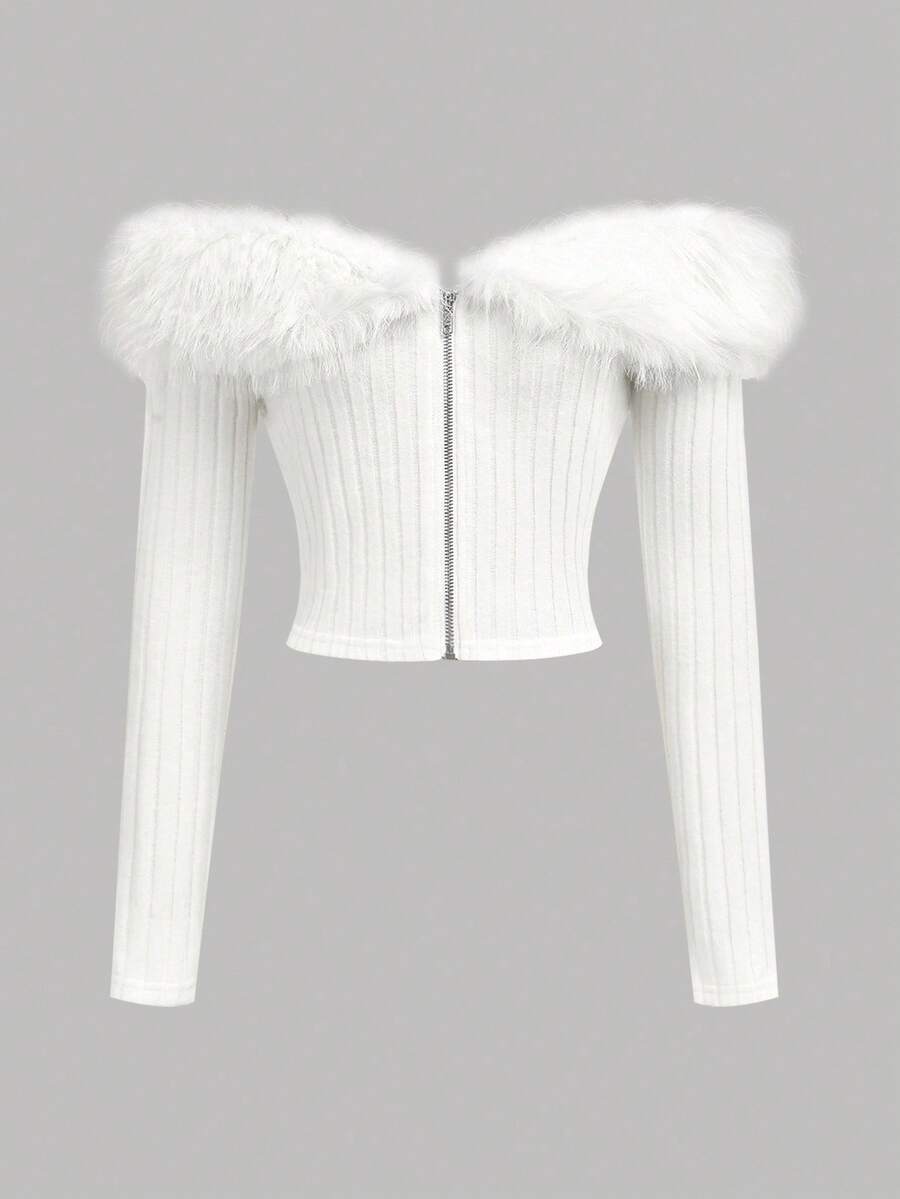 SHEIN Girlism 少女白色露肩毛绒短款夹克，适合秋冬季，优雅甜美，春节