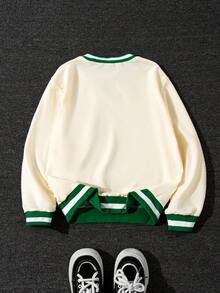 Sudadera holgada para niños, nueva para otoño/invierno, cuello en V pequeño, parche blanco con puños y bajo de canalé tejido en verde, holgada y cómoda, estilo casual