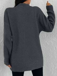 Cloudara Suéter De Hombros Caídos Con Cuello Alto De Color Liso - Gris - Ver 2