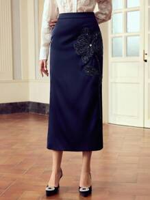 ZEYLAH Jupe élégante de navetteur bleue avec broderie de sequins - Bleu marine - Voir 2
