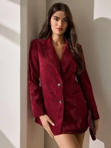 CLARA VERO 灯芯绒西装外套 复古风 利落剪裁 老板宝贝 活力 秋季 层次感 穿搭 - 酒紅色 - 查看 5