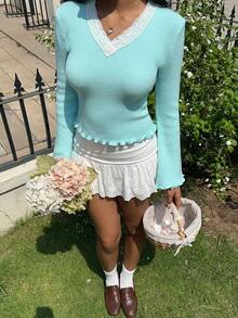 Sunnyshic 女士撞色蕾丝 V 领长袖修身优雅毛衣，适合秋季度假 - 淺藍色 - 查看 4