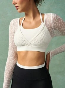 VARSIVA Áo thun thể thao nữ jacquard chắp vá 2 trong 1 cắt ngắn, áo thun lưới tập luyện - trắng - Xem 7