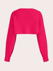 EURMUSE Y2K Grunge Drop Shoulder Open Front Crop Cardigan Without Tube Top - Hot Pink - View 2