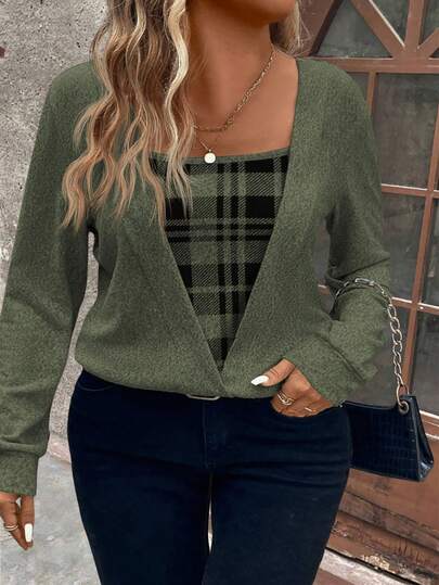 EMERY ROSE Plus Size Plaid Print Patchwork Black Knit Long Sleeve Sweatshirt, Soft Knit, Winter, Fall Autumn