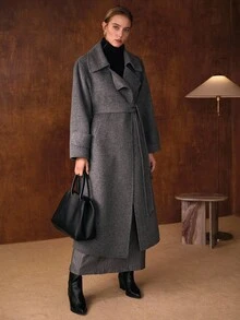 MOTF PREMIUM Áo khoác len thắt eo hai mặt ve áo oversize, mùa thu/đông - Màu xám đen - Xem 6