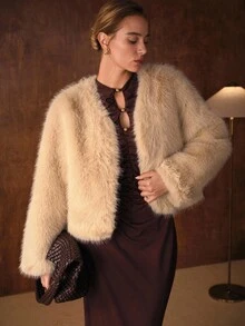 MOTF PREMIUM 女士仿皮草衬里保暖大衣，秋冬 - 駝色 - 查看 3