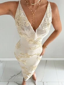 Siren Gaze New Elegant Sexy Apricot 3D Floral Plunging Neck Backless Maxi Dress,Fall Clothes For Women,Elegant Dresses For Party Summer Evening Dress - Apricot - View 2