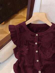 Serisse Women's Round Neck Cap Sleeve Single-Breasted Jacquard Fashion Shirt Red Top Summer Christmas New Year Casual Valentine's Day - Red - View 5