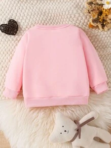 Halloween Cosplay Baby Girl Casual Fashionable Creative Grid Ghost & Flower Print Basic Crew Neck Sweatshirt, Fall Clothes Winter - Pink - View 2
