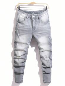 Manfinity LEGND 男士休闲破洞弹力紧身灰色牛仔裤 - 灰色 - 查看 1