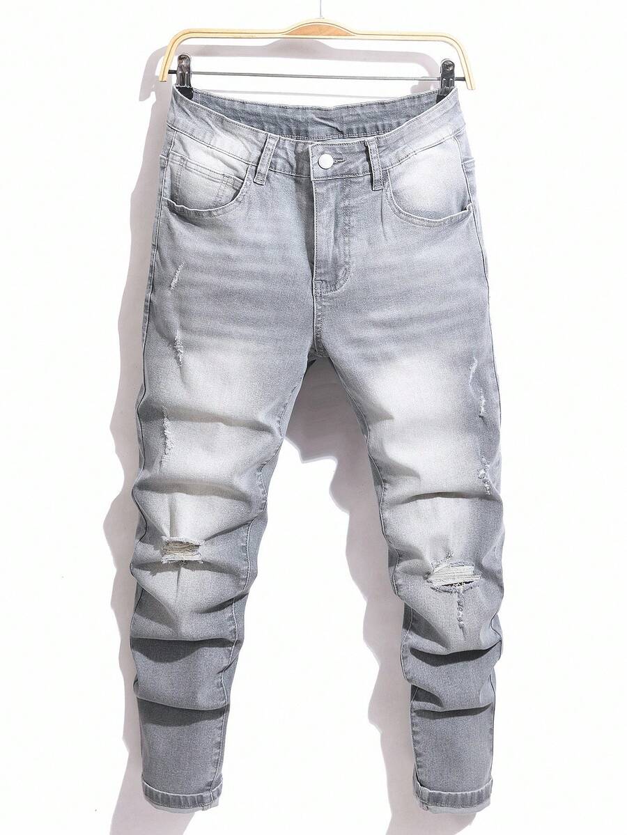 Manfinity LEGND 男士休闲破洞弹力紧身灰色牛仔裤 - 灰色 - 查看 1