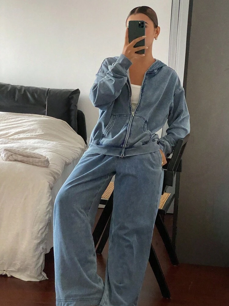 Women's Hooded Top And Loose Fit Jeans Set, Autumn
