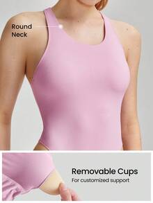 GLOWMODE FeatherFit™ Powerhouse Round Neck Racerback Halter Thong Bodysuit Low Impact Yoga Daily Summer - Bubblegum Pink - View 3