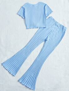 SHEIN Teen Girls Butterfly Print Twist Hem Tee & Flare Leg Trousers - Baby Blue - View 2