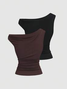 Sweetra 2pcs/Set Asymmetric Collar Fitted T-Shirt, Versatile Casual Top, Spring/Summer