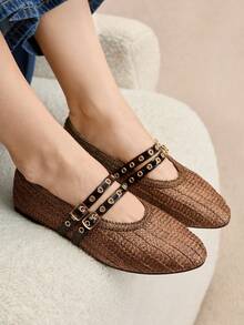 Rosivie 2025年手工编织小众时尚女鞋，新款双扣芭蕾平底鞋 - 咖啡棕 - 查看 2