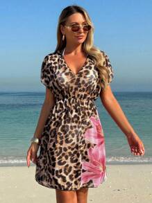 Swim Lushoire 2025 Women Leopard & Floral Print Short Sleeve Loose Dress, Summer Vacation