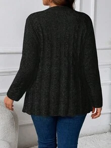 Cárdigan de punto de cable de un solo botonadura para mujer de talla grande, unicolor casual y versátil para otoño/invierno - Gris Oscuro - Ver 2