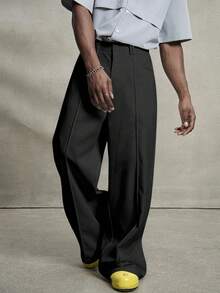 PAVTROS Manfinity Streetrush Men's Basic Casual Solid Color Loose Fit Pants Black Wide Leg Pants Wide Leg Trousers Wide Leg Pants Wide Leg Pants Men Baggy Wide Pants, For Fall - Black - View 5