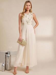 Amorya 女士圆领无袖亮片杏色和米色腰部修身雪纺优雅连体裤，适合日常穿着、聚会、派对、春夏、秋冬