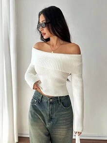 SHEIN PETITE Women's Y2K Flannelette Off Shoulder Women Sweaters,White, Winter Clothes For Women,Casual Outfit For Women Off The Shoulder Long Sleeve Off Shoulder Sweater Off The Shoulder Crop Top,Sexy, Elegant, White Solid Sweater,White Top