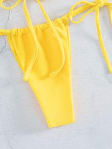 Swim Basics Summer Beach Micro Triangle Thong Bikini Set - Yellow - View 4