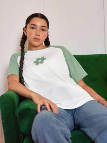 SHEIN Leap Crew Teen Girl Gray Green White,Flower Print,Round Neck Contrast Color Raglan Sleeves, Casual T-Shirt,Oversize - Mint Green - View 7