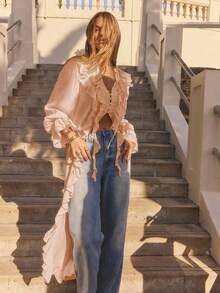 Aralina Winter Long Sleeved Ruffled Front Full Length Maxi Boho Cardigan Dress - Coral Pink - View 8