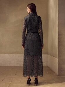 MOTF DOUBLE-BREASTED CONTRAST LACE TRENCH COAT - Grey - View 3