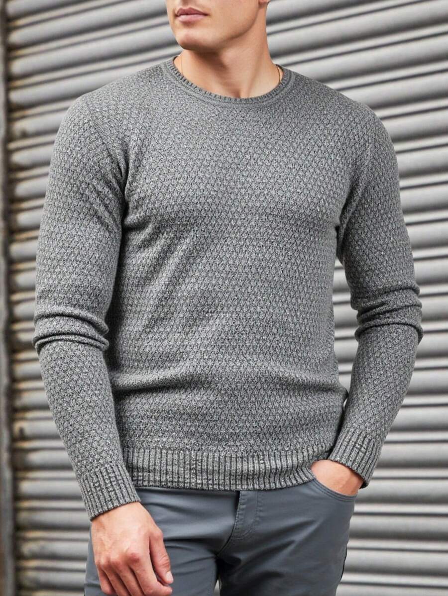 EURMUSE Men Textured Casual Crew Neck AW Regular Sweater - Dark Grey - View 1
