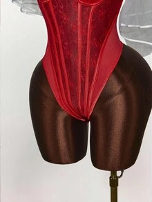 Y2K Amplova 加大码时尚性感透明对比蕾丝紧身衣，万圣节 - 紅色 - 查看 6