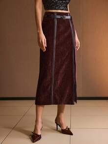 MOTF PREMIUM CONTRAST PU LEATHER THIGH SLIT BELTED SKIRT - Burgundy - View 5