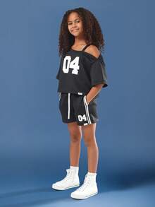 SUMWON Off Shoulder Varsity Crop Top And Shorts Sportswear Matching Set With Number Print Summer Loungewear Co Ord Two Piece Outfit