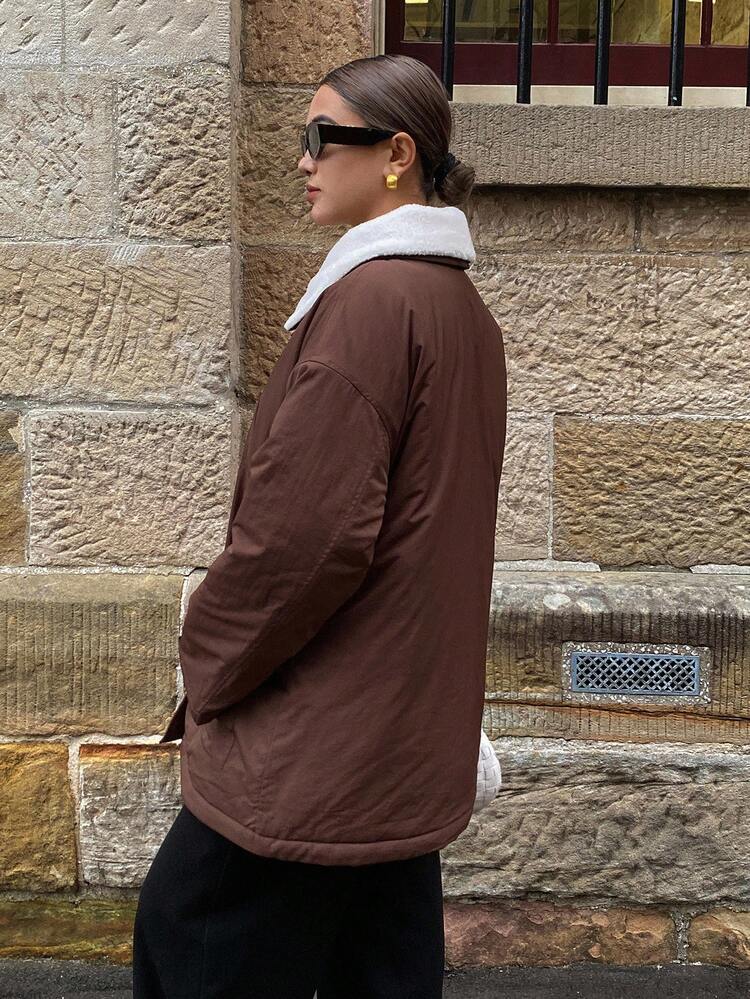 Patchwork Faux Fur Collar Loose Long Sleeve Pocket Casual Street Thick Parka Jacket, Women Padded Coat For Autumn/Winter