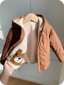 SHEIN 2件套男童可爱3D小熊图案保暖内衬休闲双面连帽羽绒服，秋冬季保暖舒适