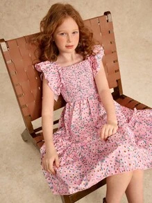 Robe casual élégante pour fille pré-adolescente, manches courtes style trapèze, col carré, robe fleurie à nœud, convient pour les sorties de printemps, été, automne, école - Rose bonbon - Voir 1