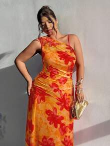 Firerie 大码女式优雅简约时尚基本款 Ins 风格连衣裙，适合办公室、通勤、音乐节、海滩度假，透明不对称领口褶饰紧身无袖长裙