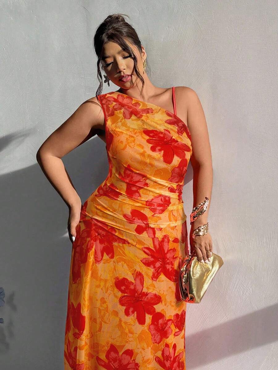 Firerie 大码女式优雅简约时尚基本款 Ins 风格连衣裙，适合办公室、通勤、音乐节、海滩度假，透明不对称领口褶饰紧身无袖长裙