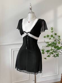 Comfortcana 加大码 V 领蕾丝拼接黑色休闲连衣裙，春/秋季，婚礼宾客礼服女装，秋季，返校节，外出，约会，婚礼宾客礼服 - 黑與白 - 查看 4