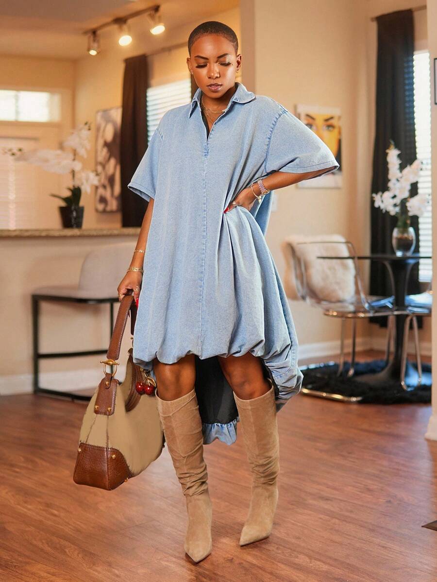 BamGleam 休闲性感女式牛仔连衣裙 - 藍色 - 查看 1