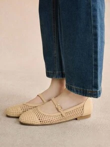 Rosivie 公主一脚蹬平底圆头编织软底休闲针织乐福鞋，适合孕妇和大码 - 杏色 - 查看 6