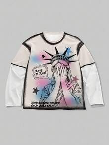ROMWE MEN Street Life Men's Casual Colorblock Patchwork Statue Of Liberty Slogan Print T-Shirt, Spring/Autumn - Multicolor - View 1