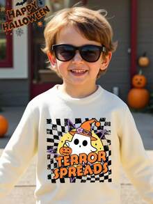 Young Boy Classic Halloween Sweater With Spider,Ghost,Checkered,Wizard Prints,Casual Fashionable For Autumn,Family Matching,Winter & Halloween Fall - Multicolor - View 1