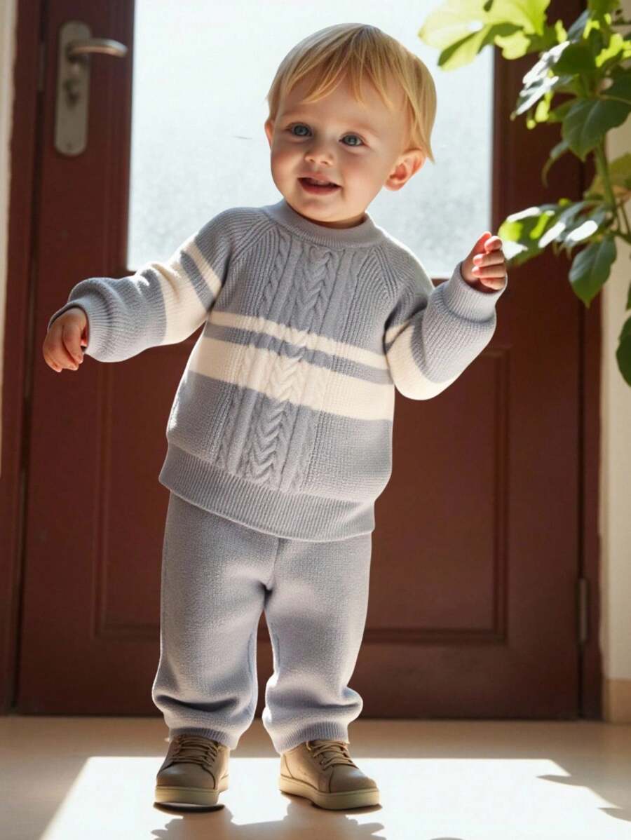 SHEIN 2 piezas Conjunto de suéter y pantalón para niños pequeños, suéter de rayas grises y blancas, y pantalón largo