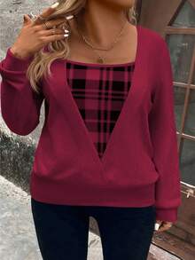 EMERY ROSE Plus Size Plaid Print Patchwork Black Knit Long Sleeve Sweatshirt, Soft Knit, Winter, Fall Autumn - Multicolor - View 3