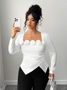 SHEIN Elenzya قميص نسائي أنيق بطبعة وردة كبير الحجم - أبيض - مشاهدة 8