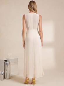 Amorya 女士圆领无袖亮片杏色和米色腰部修身雪纺优雅连体裤，适合日常穿着、聚会、派对、春夏、秋冬