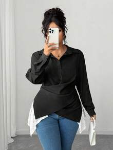 Elenzga Plus Size Women Gothic Prep With Wednesday Twist Contrast Lace Elegant Lightweight Binding Shirt Fall Cloth For Women - Black and White - View 7