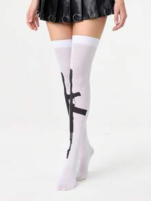ROMWE Grunge Punk 1 par de medias altas hasta el muslo con patrón de ametralladora de roca oscura - Blanco - Ver 5